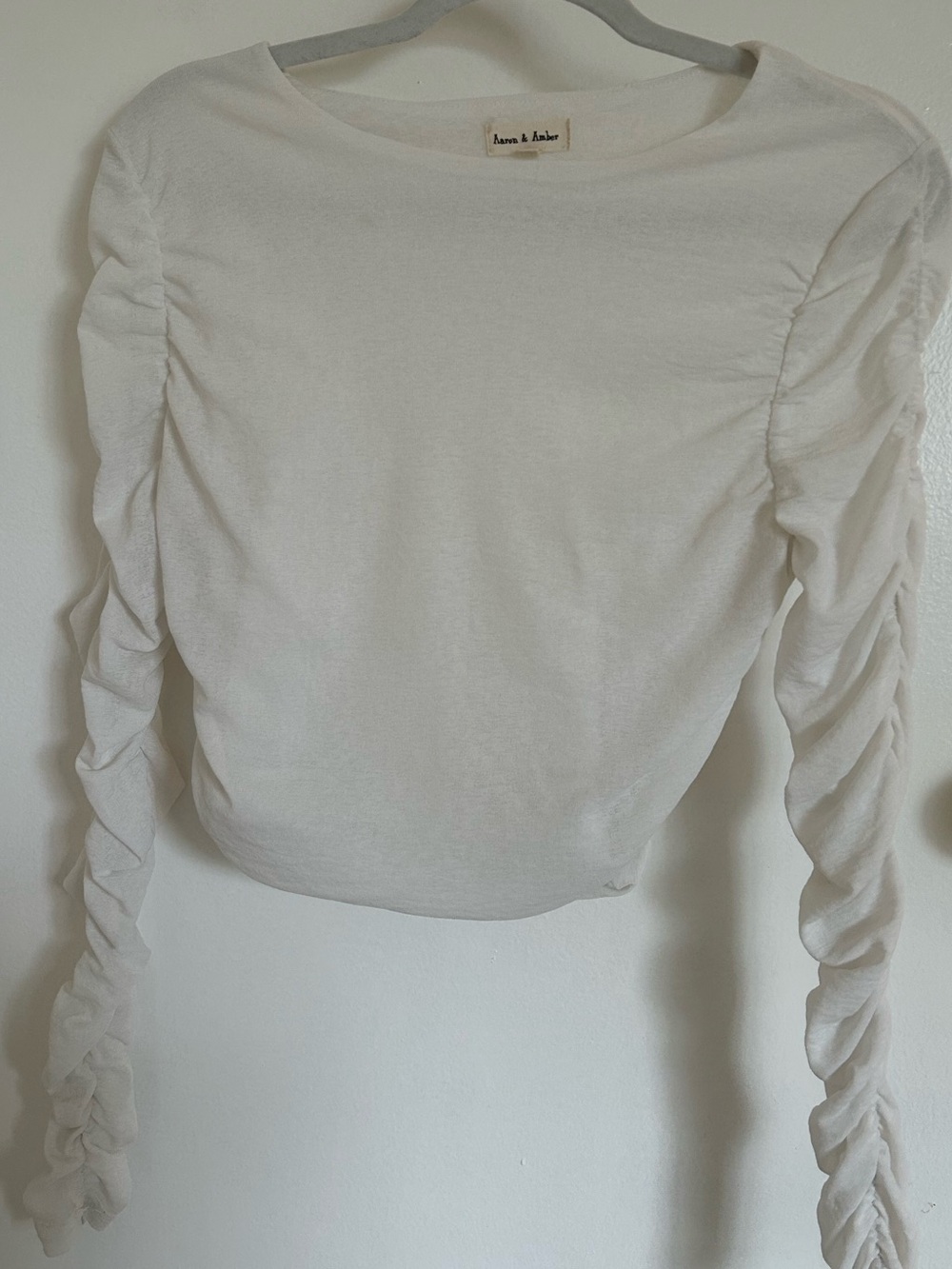 White Ruched Long-Sleeve Crop Top